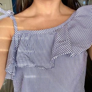 Ruffle strap white and blue pinstripe blouse